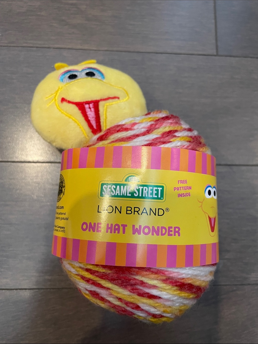 Lion Brand Sesame Street one hat wonder yarn.